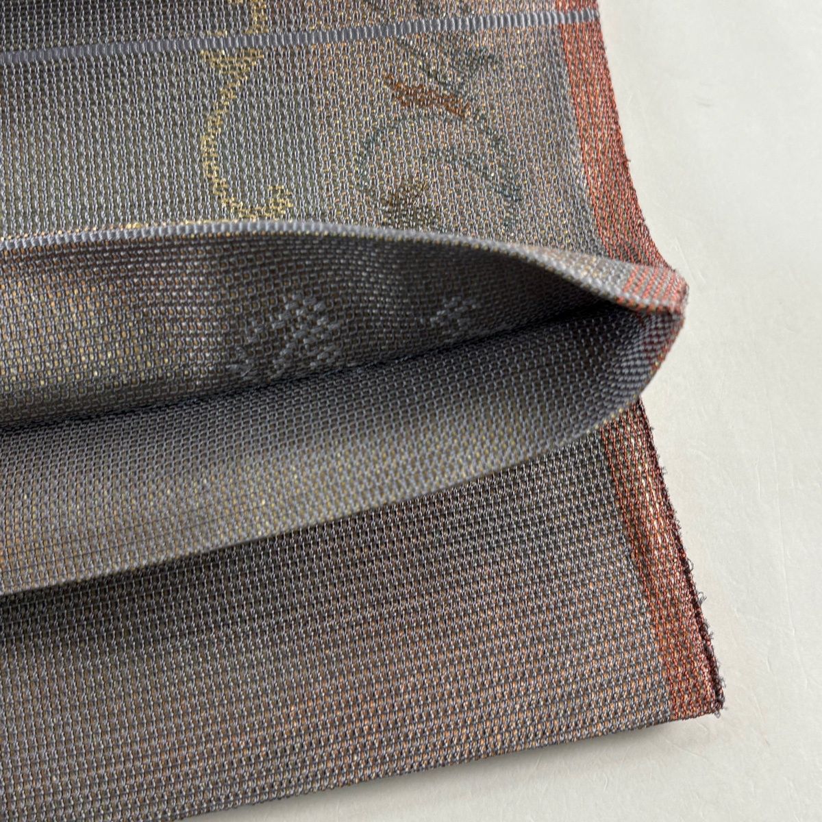 袋帯 名品 渡文 落款 草花 花唐草 金糸 箔 灰紫 六通 正絹 【中古