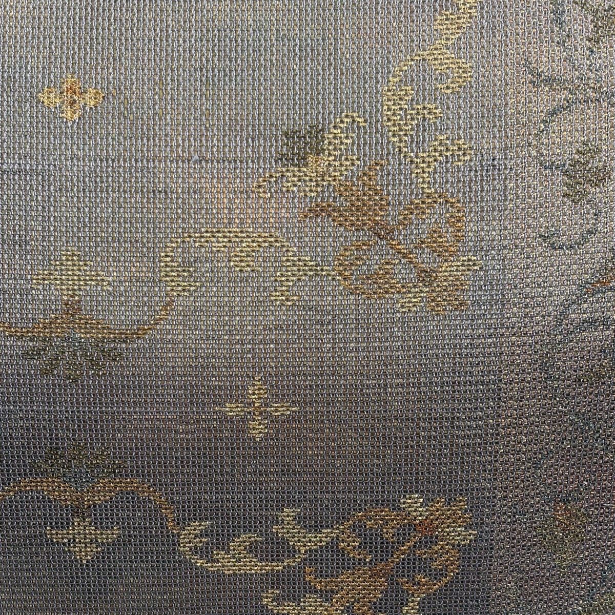 袋帯　渡文　金糸 袋帯 名品 渡文 落款 草花 花唐草 金糸 箔 灰紫 六通 正絹 【中古