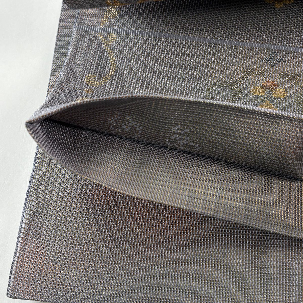 袋帯 名品 渡文 落款 草花 花唐草 金糸 箔 灰紫 六通 正絹 【中古