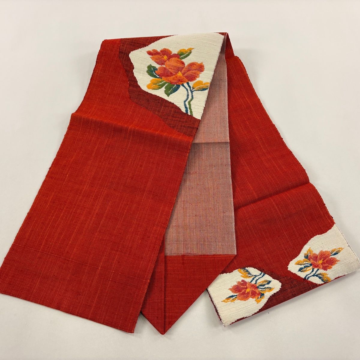 美品】 名古屋帯 優品 八寸名古屋帯 松葉仕立て 草花 オレンジ 正絹