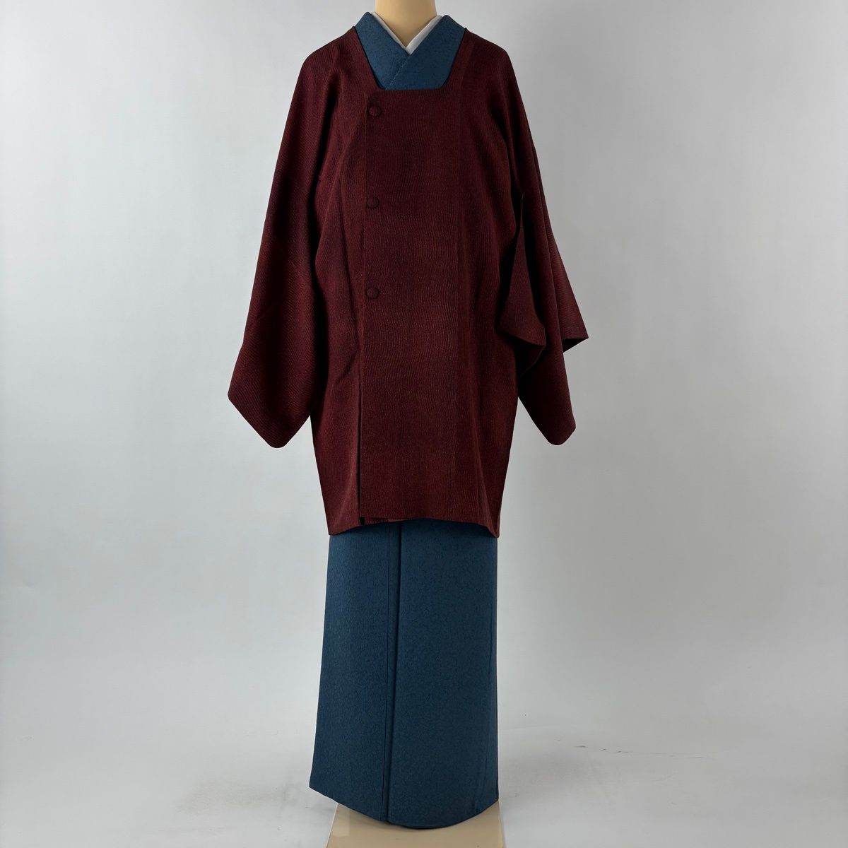 道行 身丈93 cm 裄丈68 L 和装コート 角衿 よろけ縞 赤茶 正絹 秀品