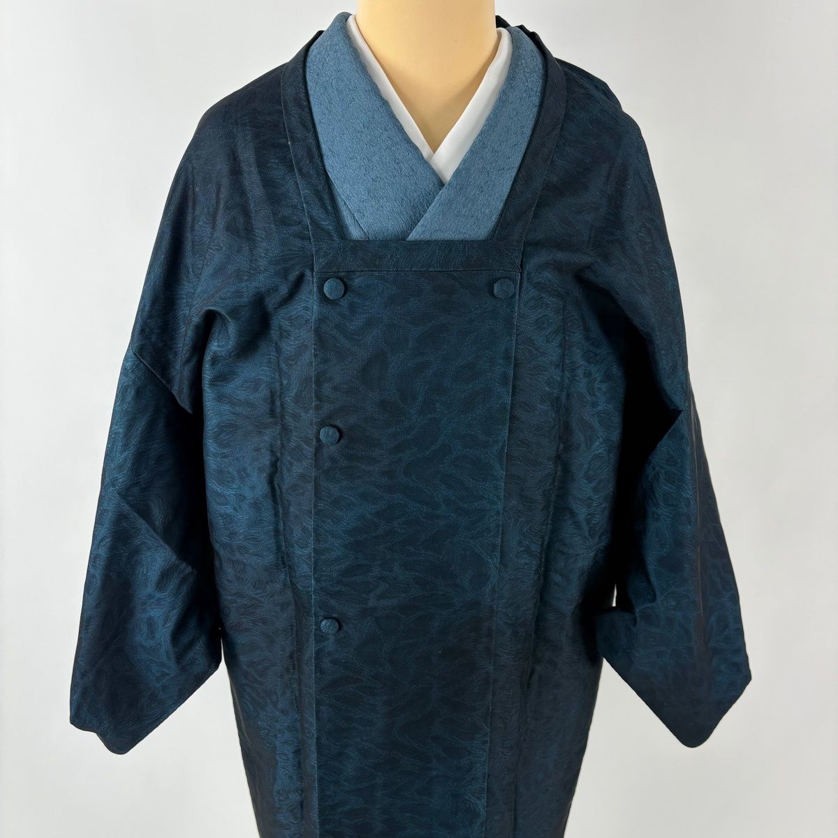  道行 身丈92.5 cm 裄丈67.5 L 和装コート 角衿 幾何学模様 藍色 正絹 秀品 羽織 着物 浴衣
