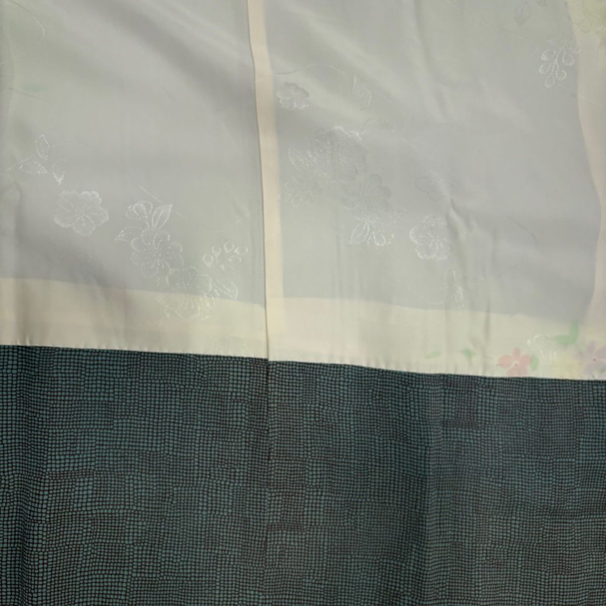  道行 身丈91 5 cm 裄丈64 M 和装コート 角衿 幾何学模様 灰緑 正絹 秀品 羽織 着物 浴衣