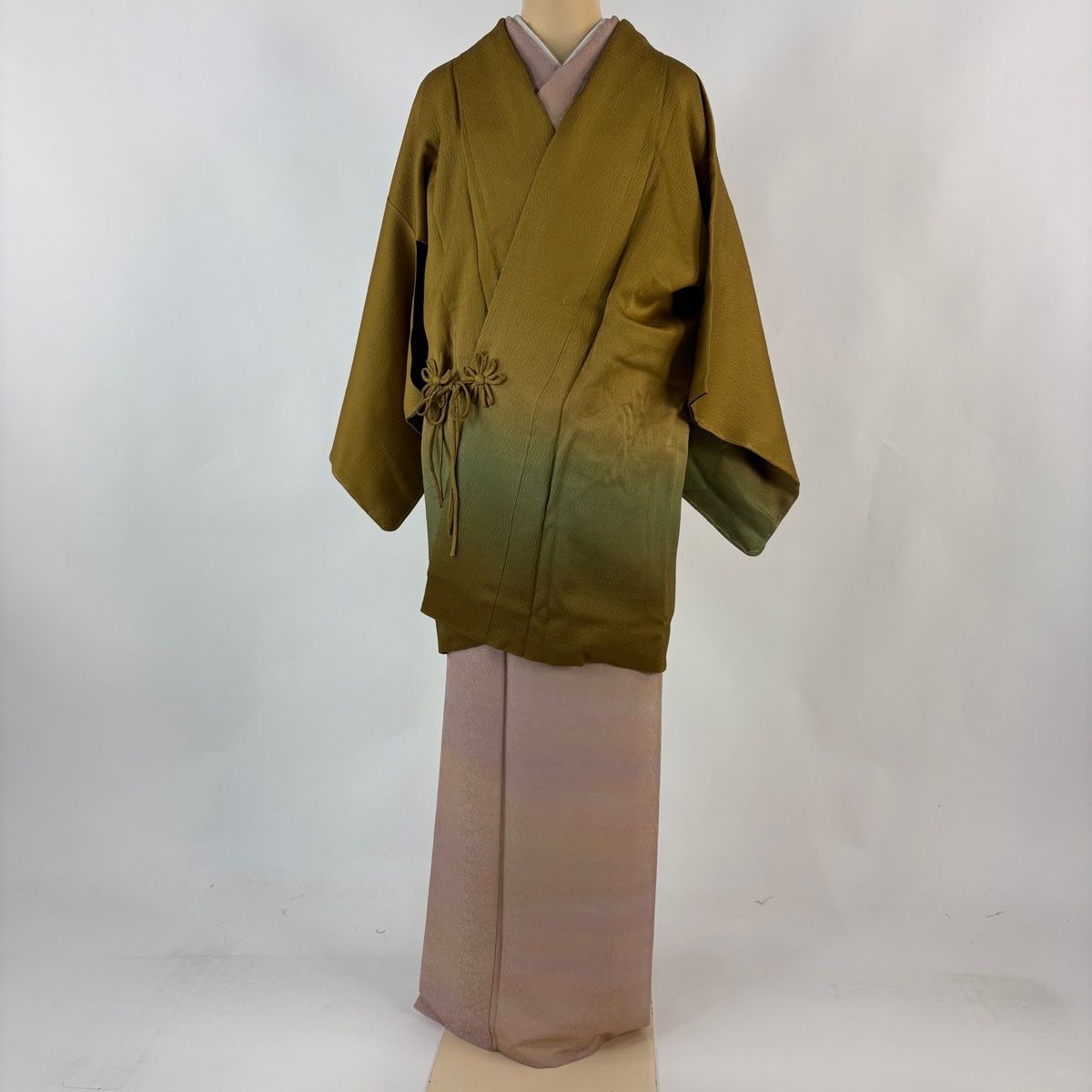 道中着 身丈86.5 cm 裄丈60.5 S 和装コート 地紋 ぼかし 山吹茶色 正絹 秀品