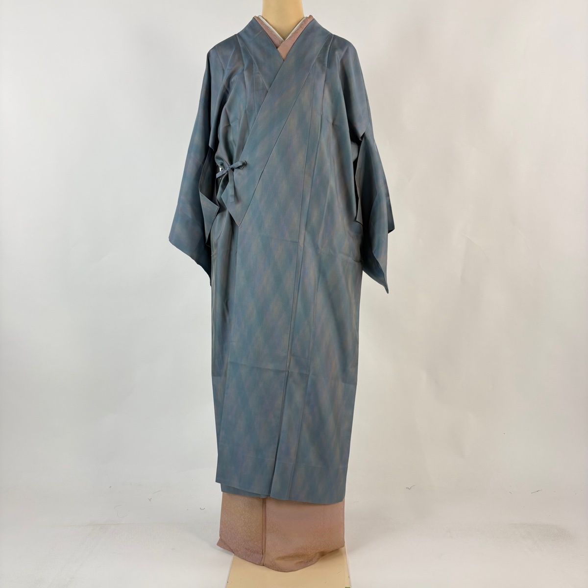道中着 身丈123 cm 裄丈65 M 和装コート 着物衿 斜め格子 青灰色 正絹 秀品