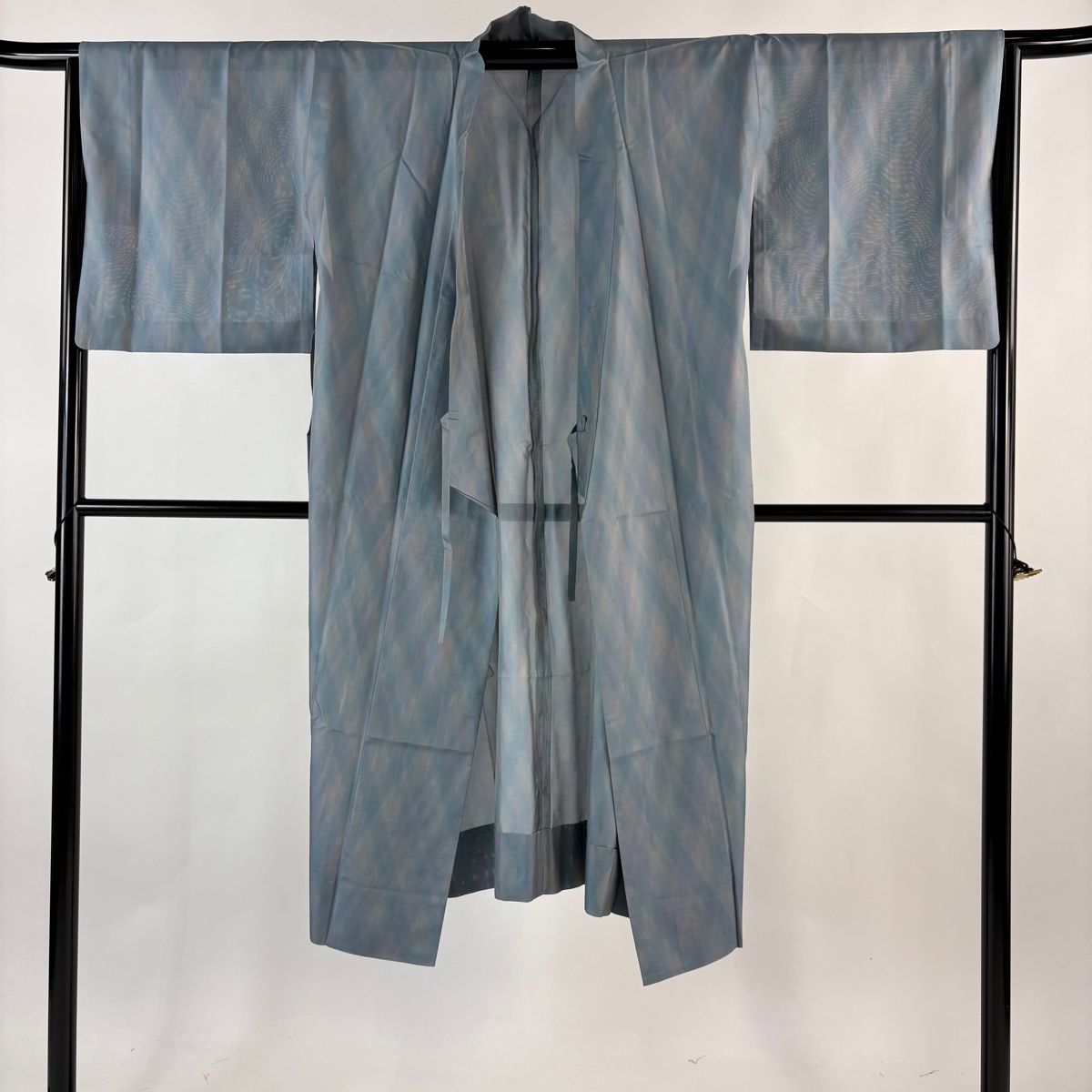  道中着 身丈123 cm 裄丈65 M 和装コート 着物衿 斜め格子 青灰色 正絹 秀品 羽織 着物 浴衣