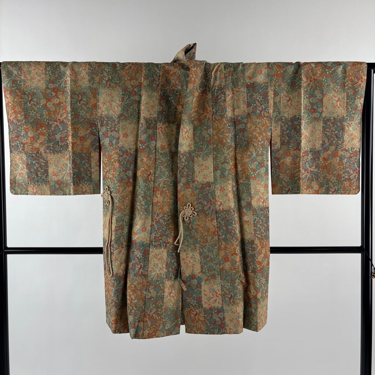 道中着 身丈93 cm 裄丈64 M 和装コート 秋草 鳥 灰緑 正絹 秀品