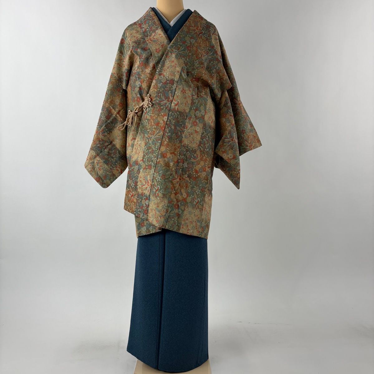 道中着 身丈93 cm 裄丈64 M 和装コート 秋草 鳥 灰緑 正絹 秀品