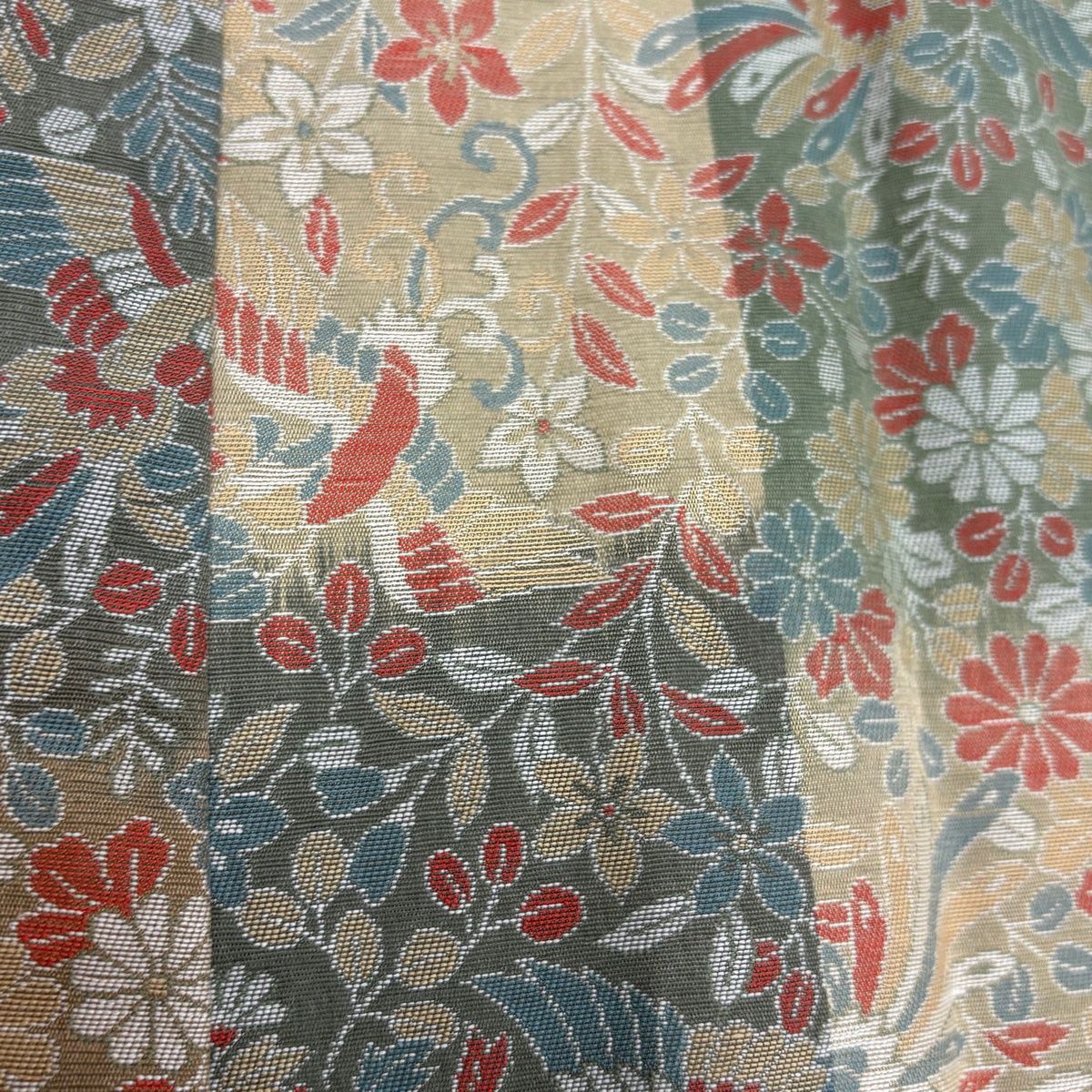  道中着 身丈93 cm 裄丈64 M 和装コート 秋草 鳥 灰緑 正絹 秀品 羽織 着物 浴衣