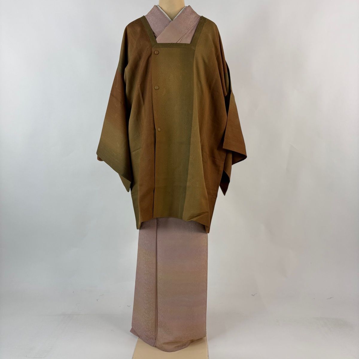 道行 身丈89 cm 裄丈68 L 和装コート 縦縞 地紋 茶色 正絹 秀品