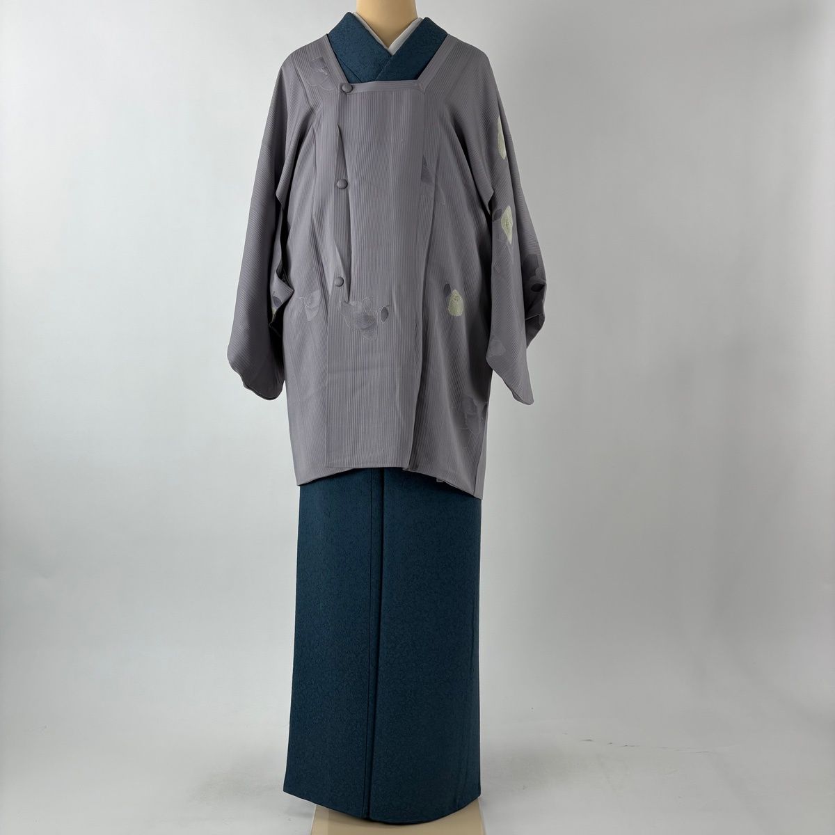道行 身丈83.5 cm 裄丈65.5 M 和装コート 角衿 枝花 縦縞 金彩 灰紫 正絹 秀品