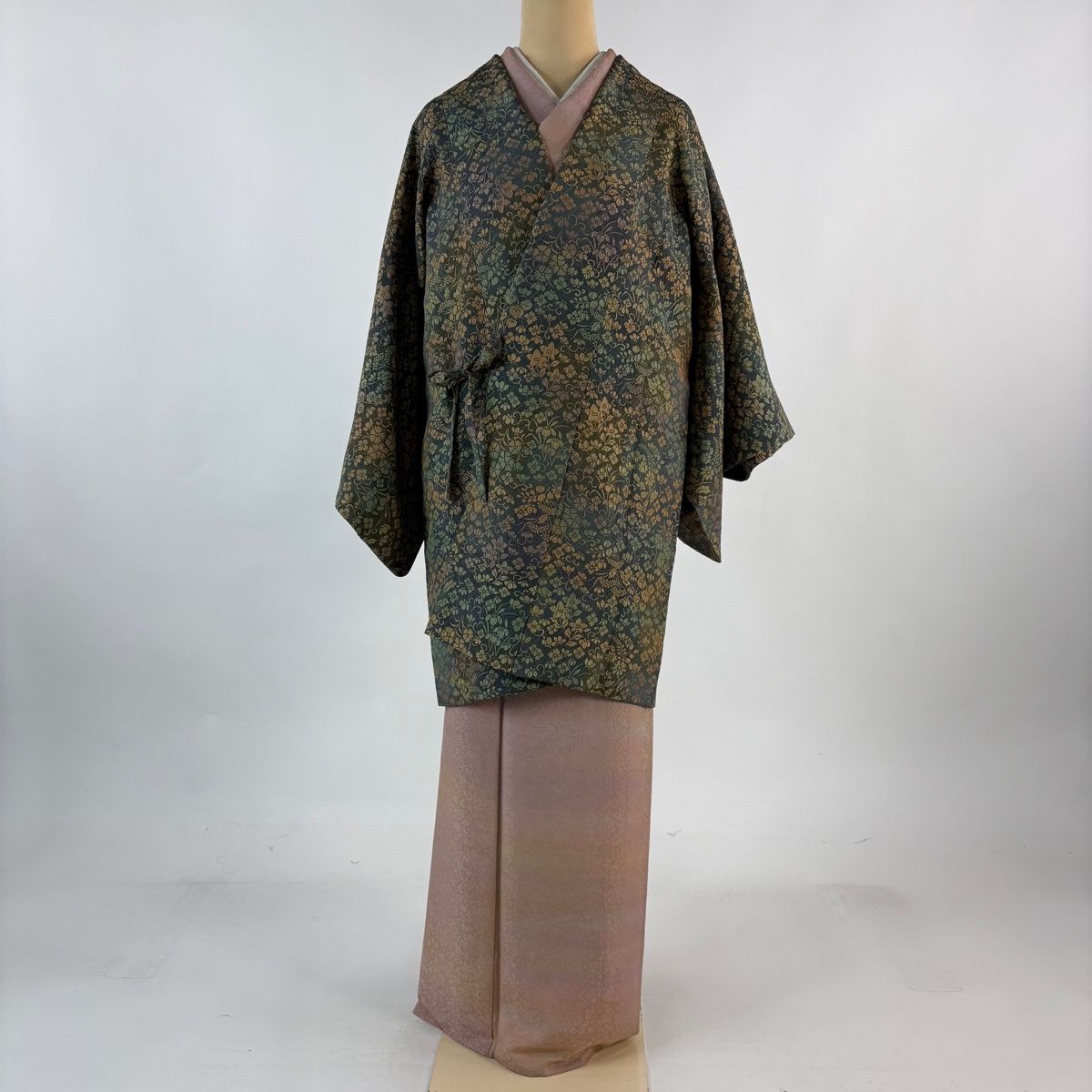 道中着 身丈90.5 cm 裄丈61.5 S 和装コート 草花 籠目 緑 正絹 秀品