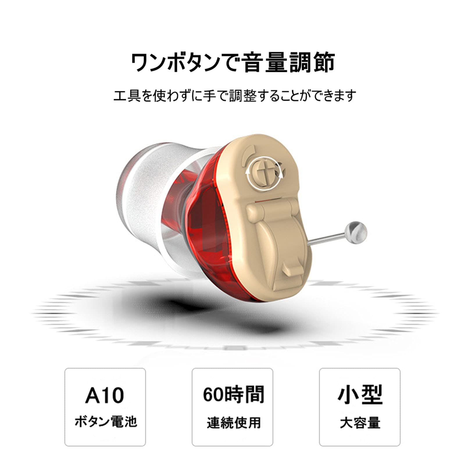 集音器 CIC 耳あな 小型 音量調節 ノイズ抑え 電池式 イヤーチップ付き 取扱説明書 白い 右耳