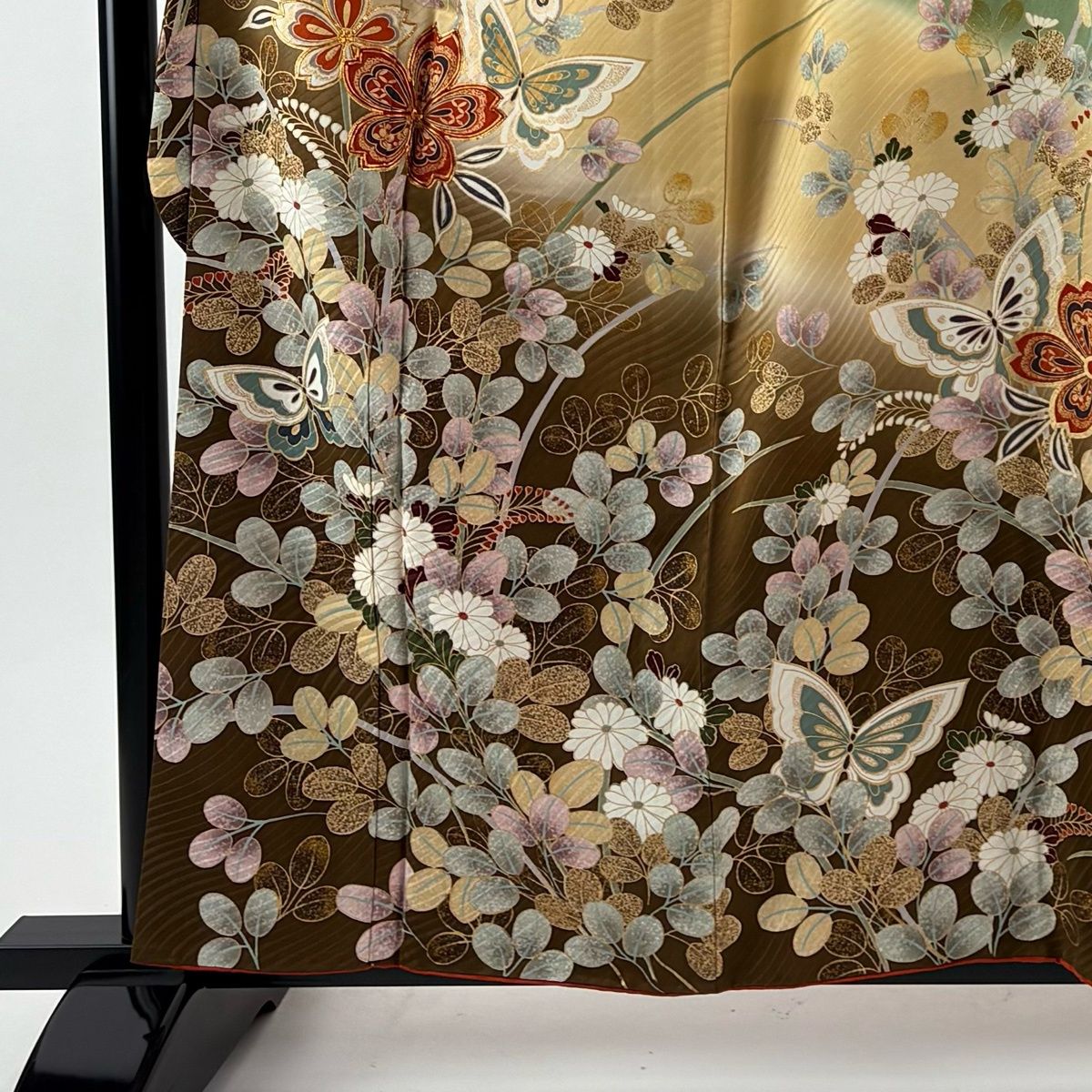 振袖 身丈159.5 cm 裄丈64.5 M 袷 萩 蝶 金糸 金彩 灰緑 正絹 秀品