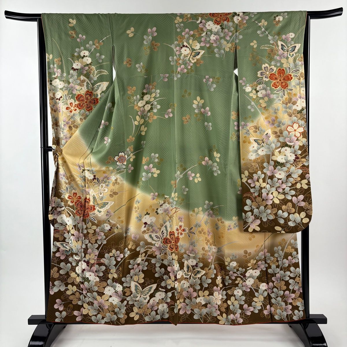 振袖 身丈159 5 cm 裄丈64 M 袷 萩 蝶 金糸 金彩 灰緑 正絹 秀品