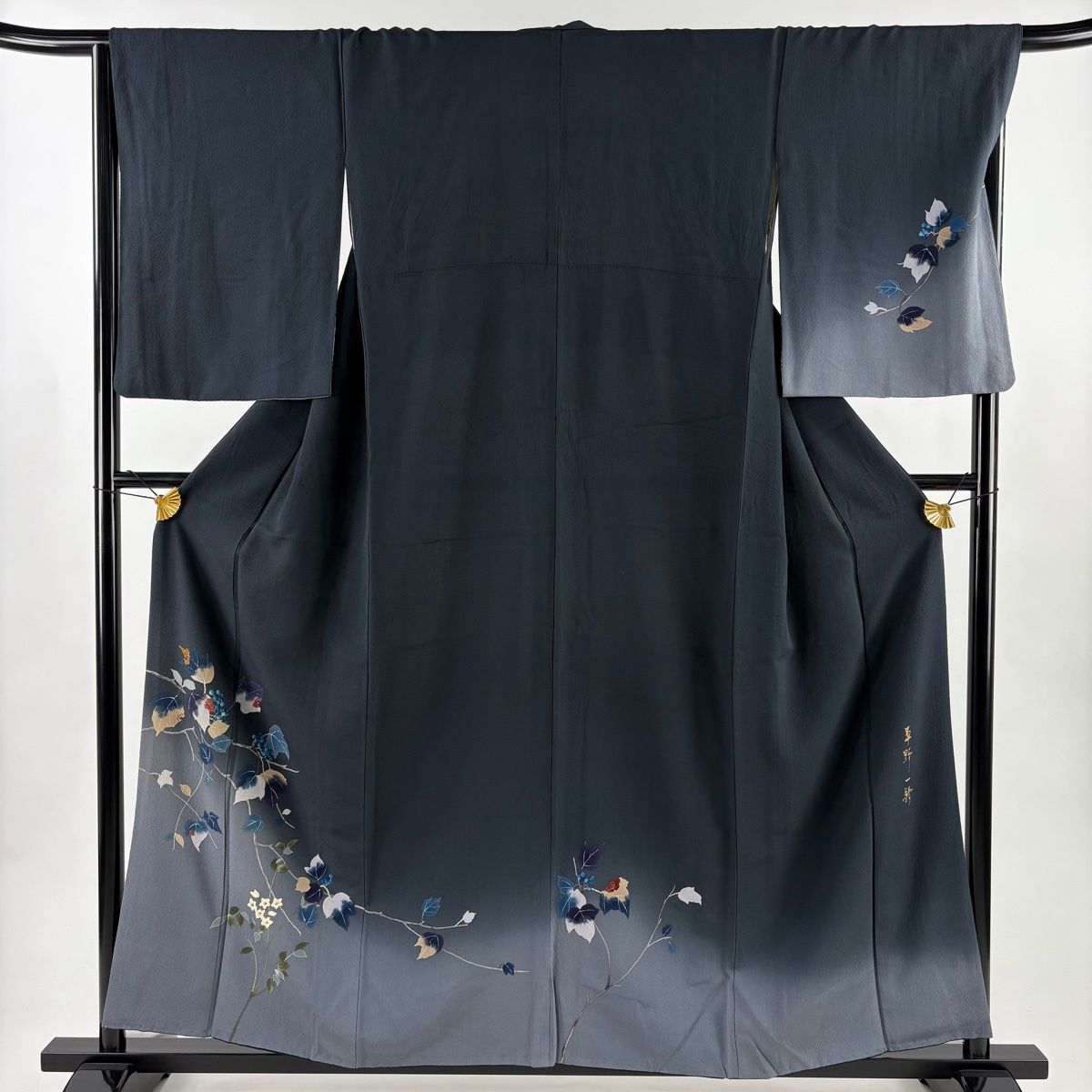 付下げ 身丈156cm 裄丈68cm L 袷 草野一騎 落款 葉と実 枝花 ぼかし