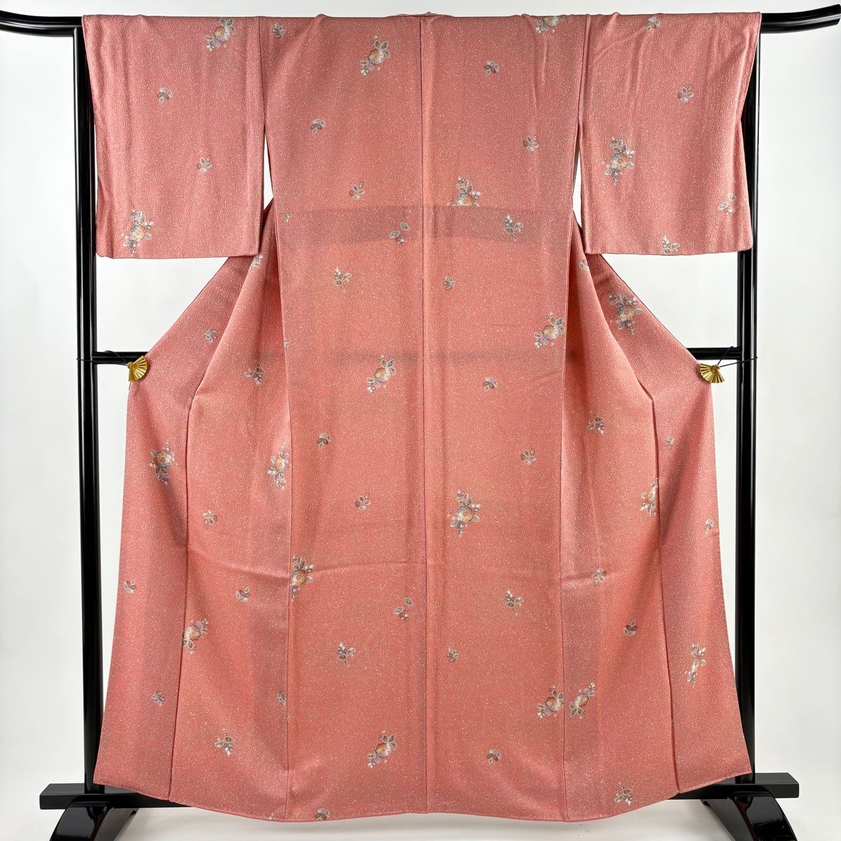 美品】 小紋 身丈160.5cm 裄丈66cm M 袷 辻が花柄 金彩 ピンク 正絹 秀