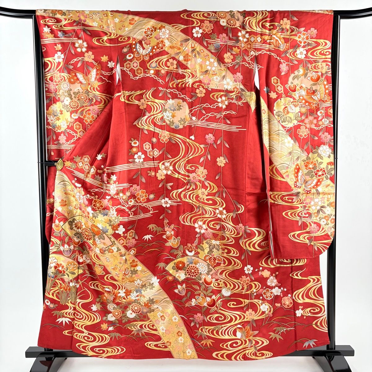 振袖 身丈159 cm 裄丈65 5 M 袷 宝尽くし 流水 金糸 金彩 赤 正絹 秀品