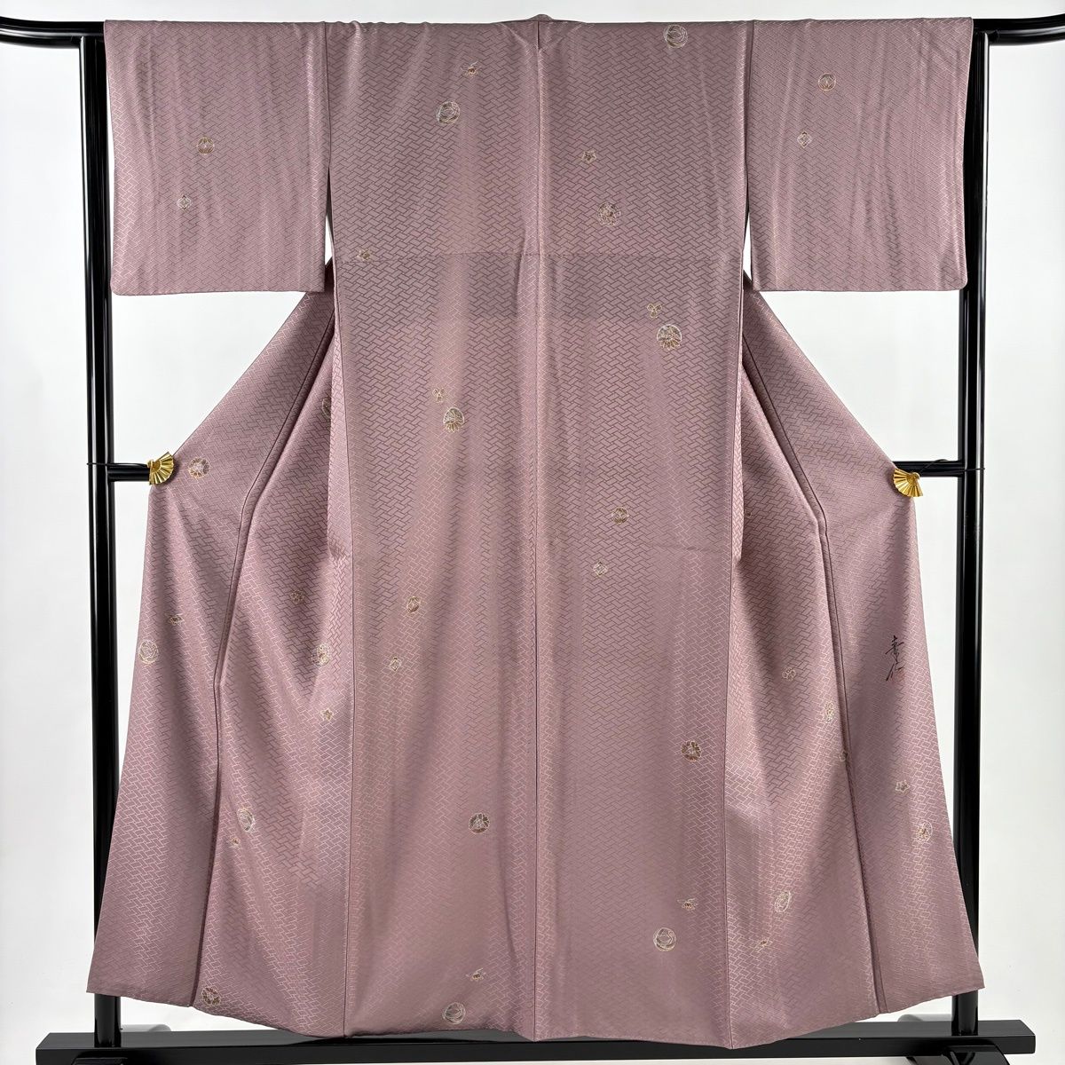 小紋 身丈154 5 cm 裄丈65 M 袷 浅井青仁 落款 花丸文 地紋 金彩 灰紫 正絹 秀品