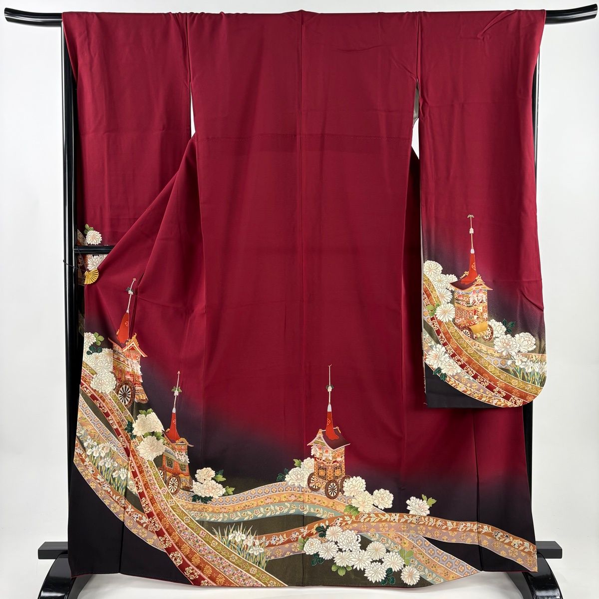 振袖 身丈166 5 cm 裄丈68 L 袷 山鉾 草花 金彩 染め分け えんじ色 正絹 秀品