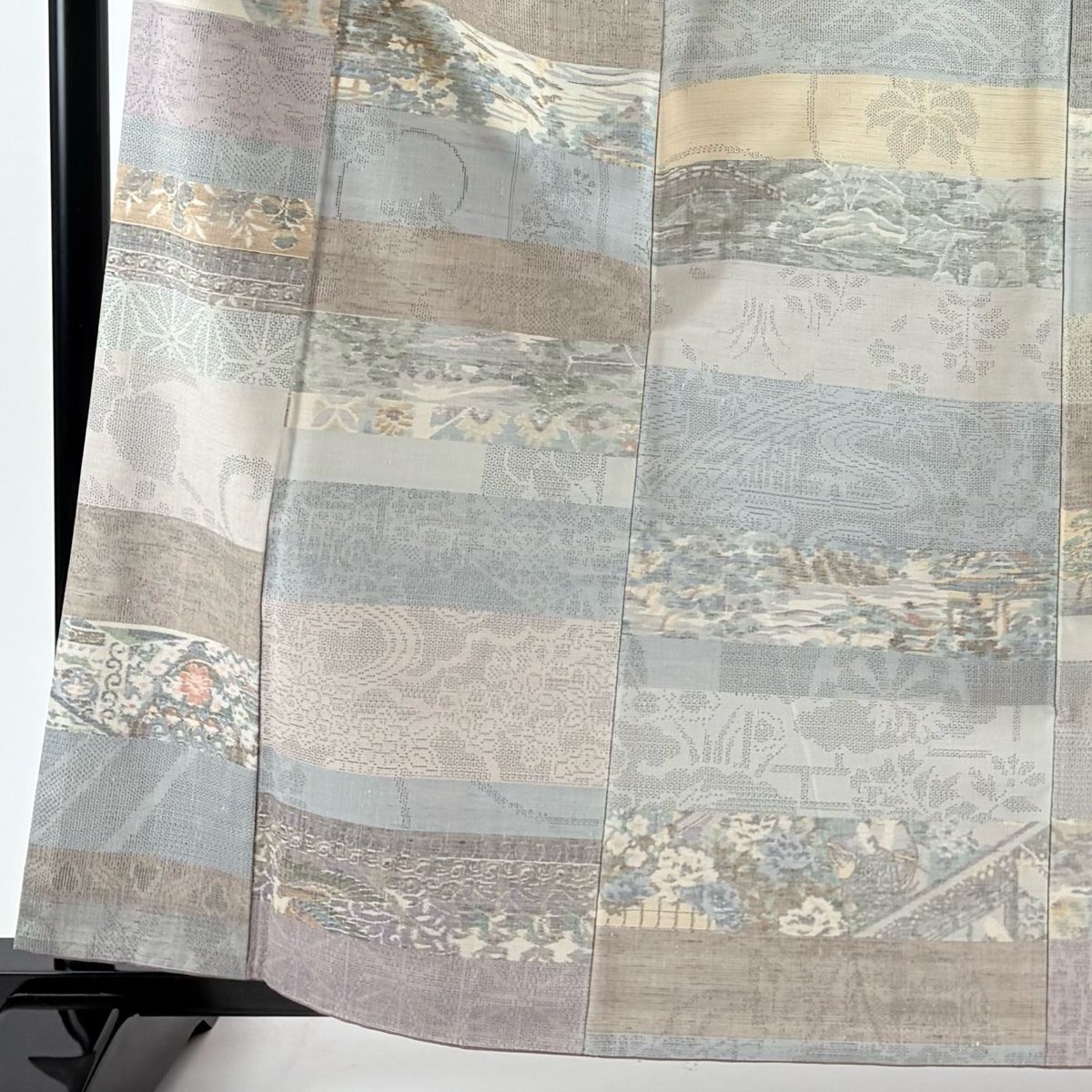 紬 身丈161.5 cm 裄丈66.5 M 袷 草花 亀甲絣 青灰色 正絹 秀品