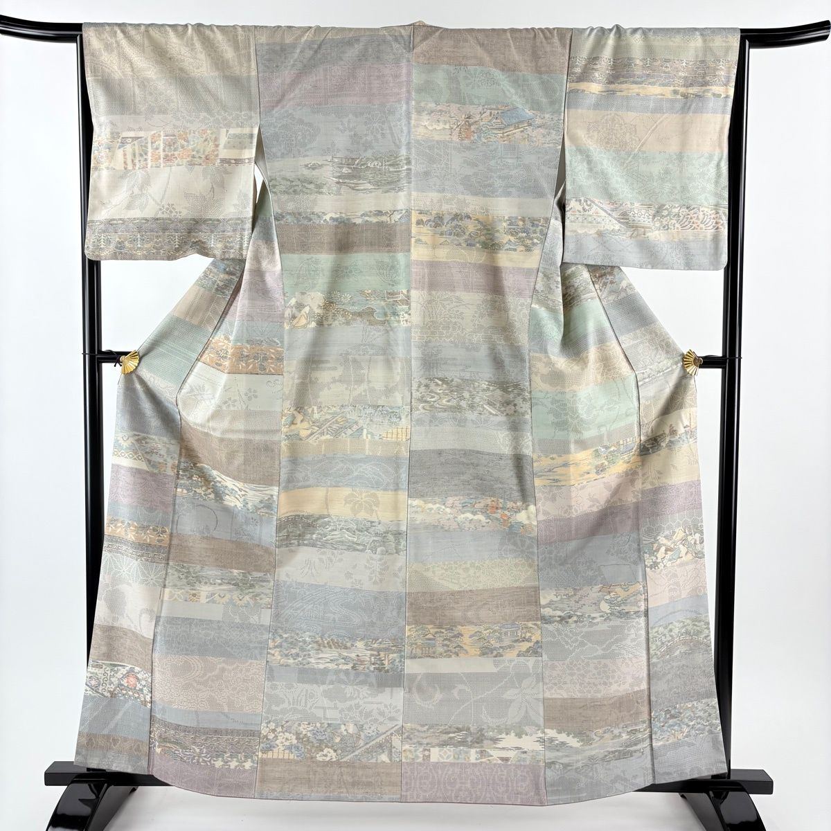 紬 身丈161 5 cm 裄丈66 M 袷 草花 亀甲絣 青灰色 正絹 秀品