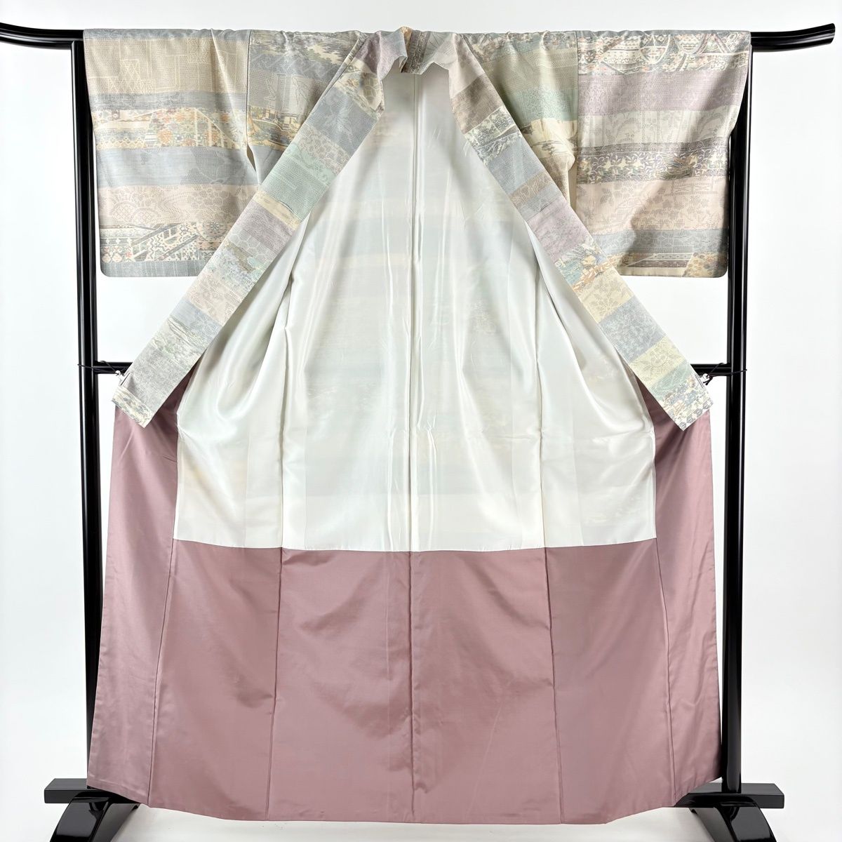  紬 身丈161.5 cm 裄丈66.5 M 袷 草花 亀甲絣 青灰色 正絹 秀品 紬 着物