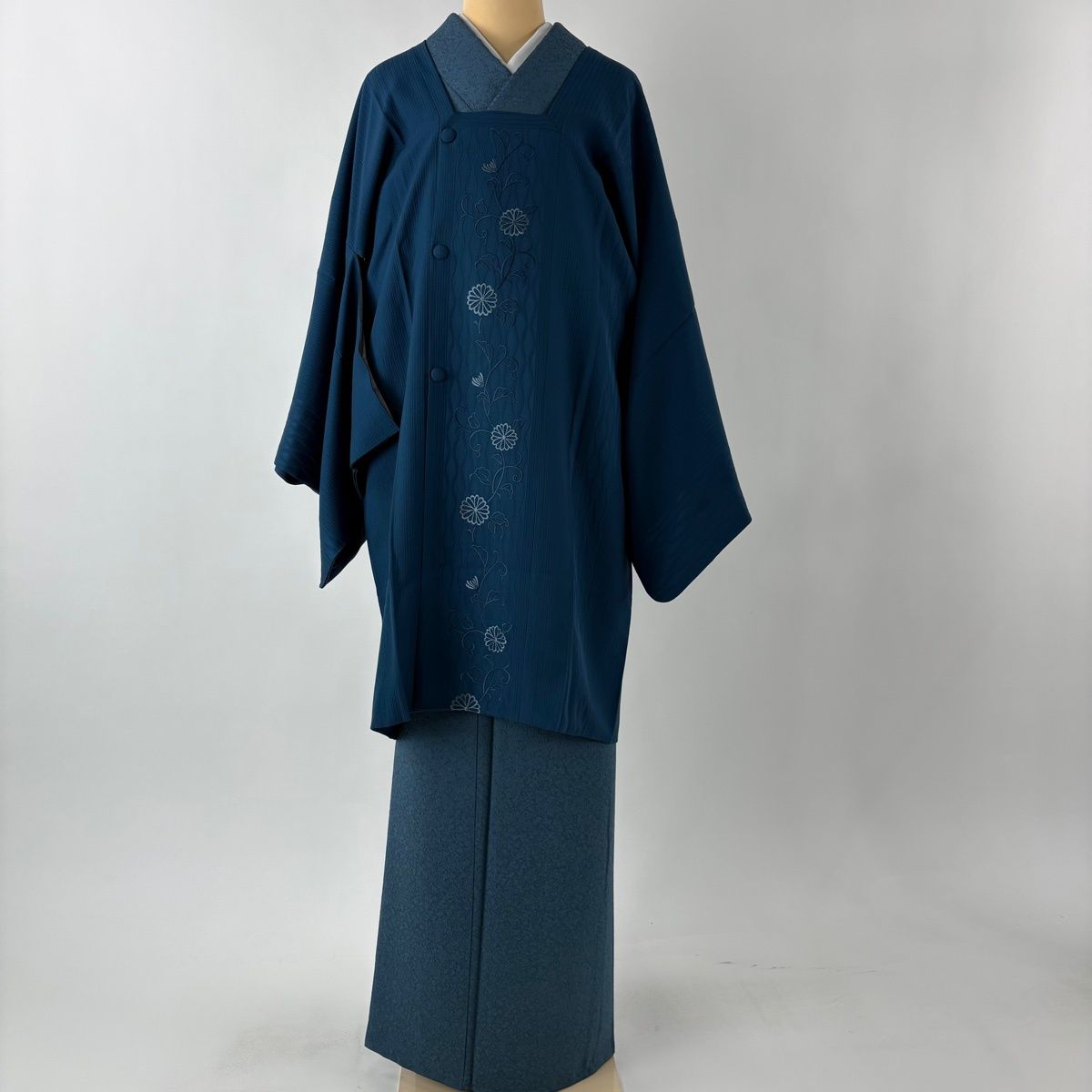 道行 身丈95 cm 裄丈67 M 和装コート 角衿 菊唐草 地紋 青緑 正絹 秀品