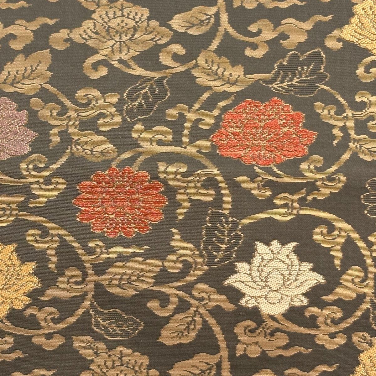 名古屋帯 秀品 花唐草 金糸 箔 茶緑色 正絹