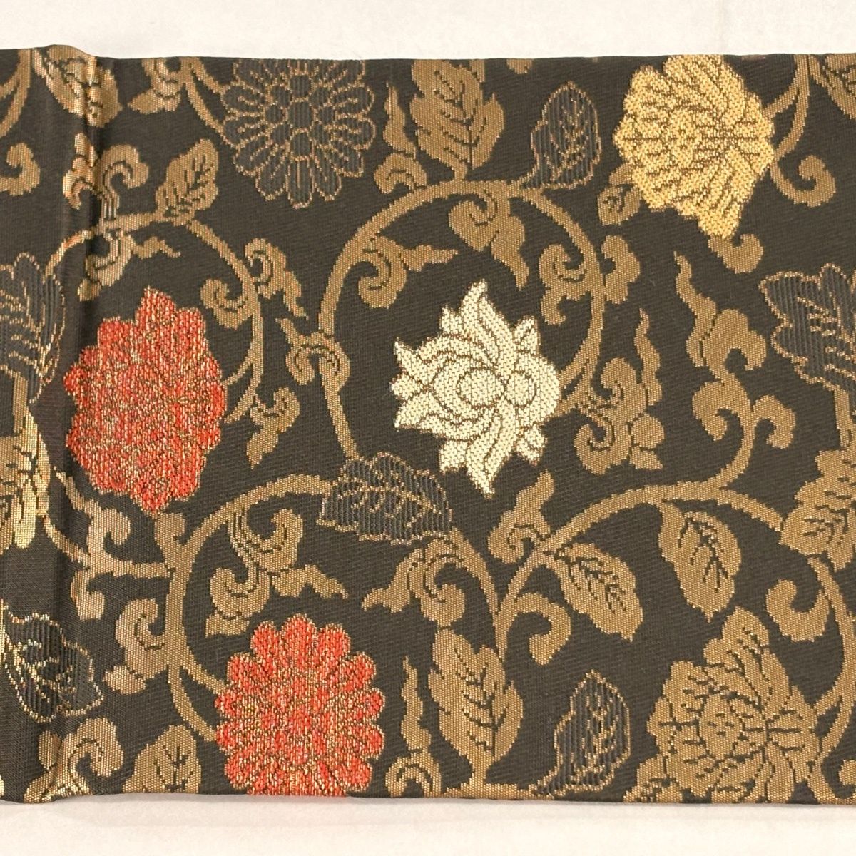  名古屋帯 秀品 花唐草 金糸 箔 茶緑色 正絹 名古屋帯 帯