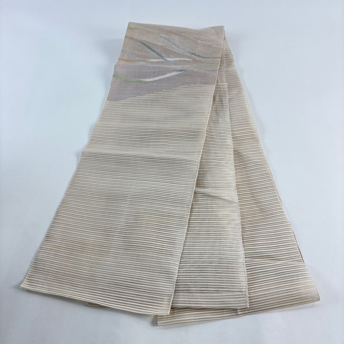 名古屋帯 秀品 八寸名古屋帯 夏帯 絽 幾何学模様 縞 銀糸 ベージュ