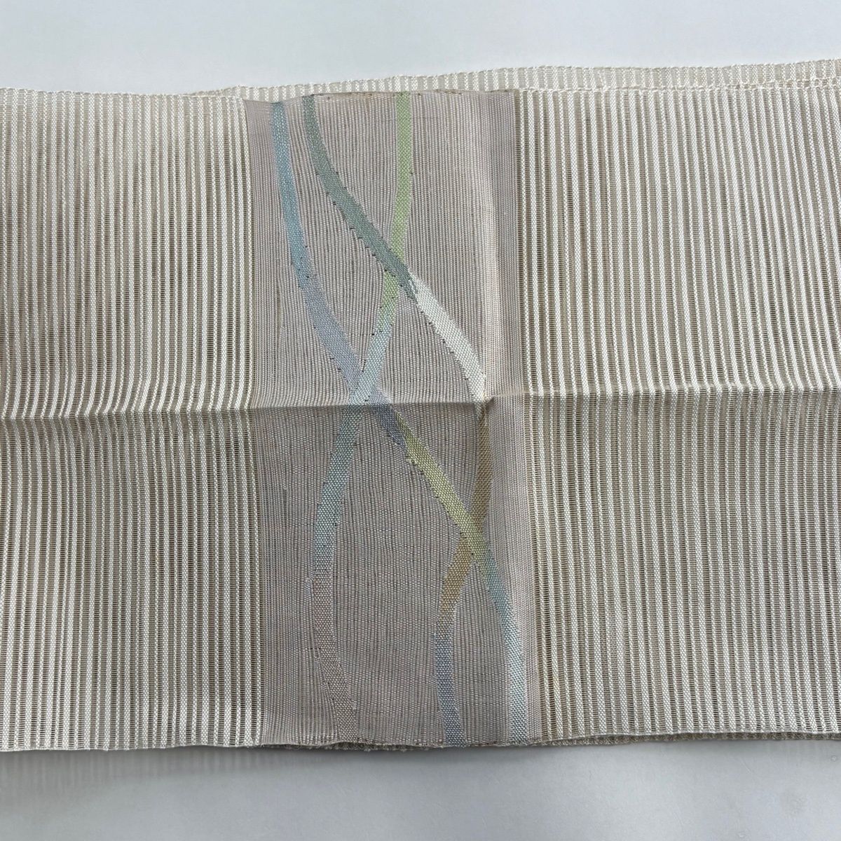 名古屋帯 秀品 八寸名古屋帯 夏帯 絽 幾何学模様 縞 銀糸 ベージュ
