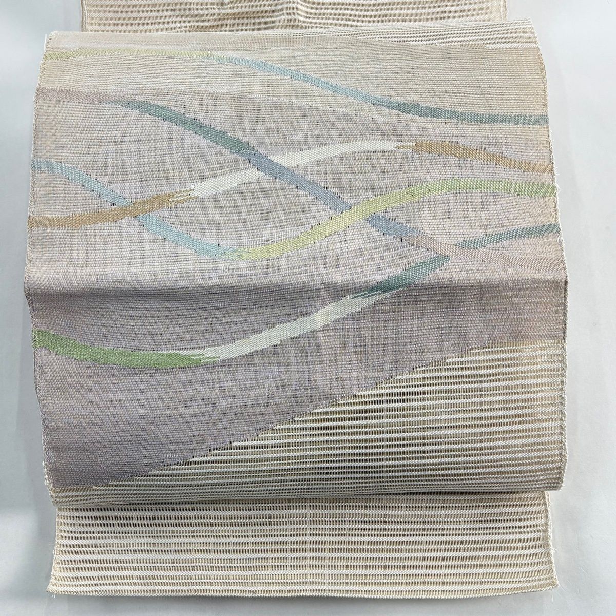 名古屋帯 秀品 八寸名古屋帯 夏帯 絽 幾何学模様 縞 銀糸 ベージュ