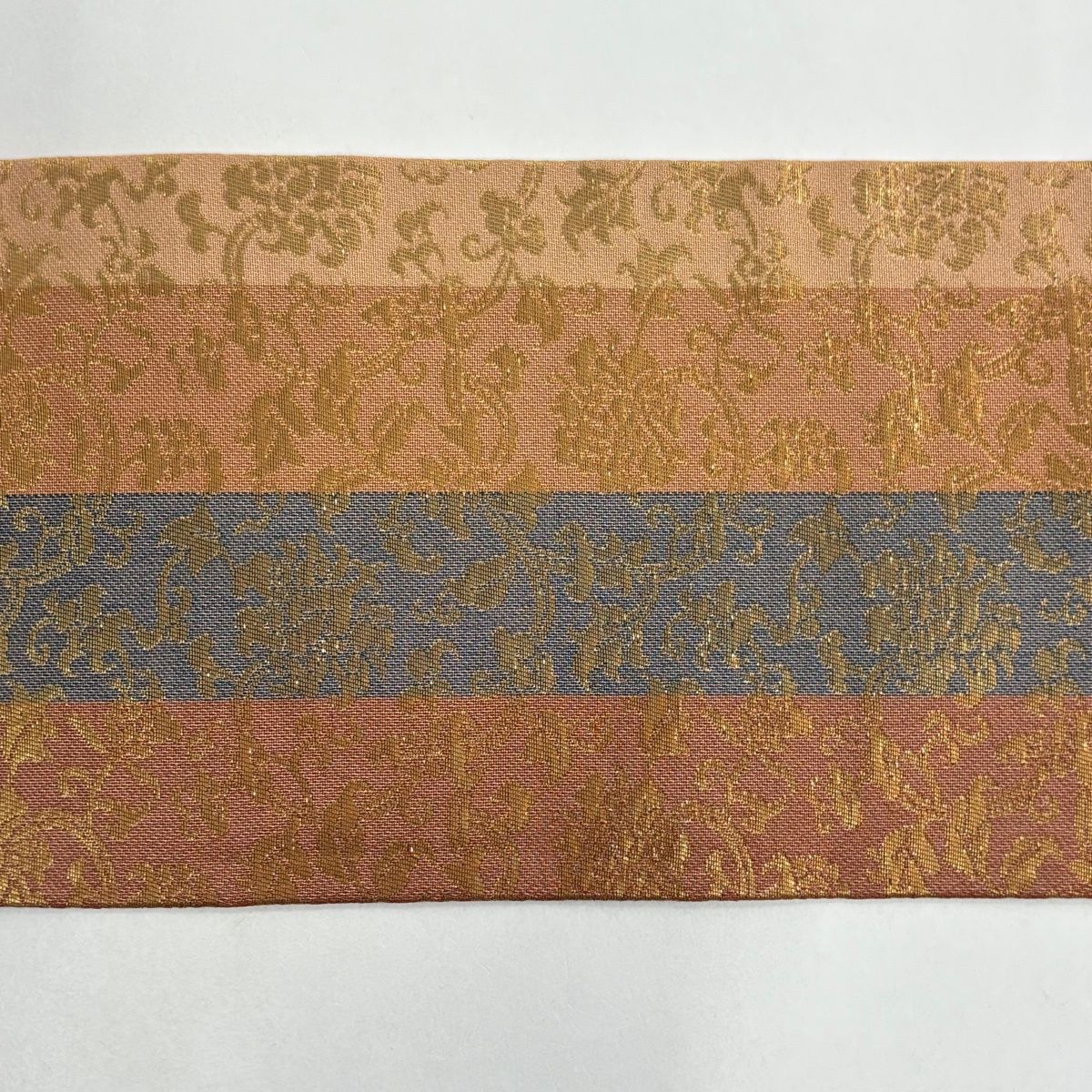  名古屋帯 秀品 花唐草 縞 箔 赤茶 正絹 名古屋帯 帯