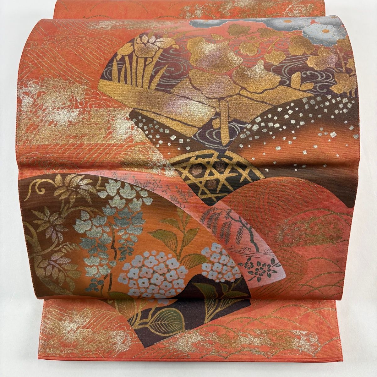 袋帯 秀品 関西仕立て 扇面 草花 金銀彩 箔 オレンジ 六通 正絹 【中古