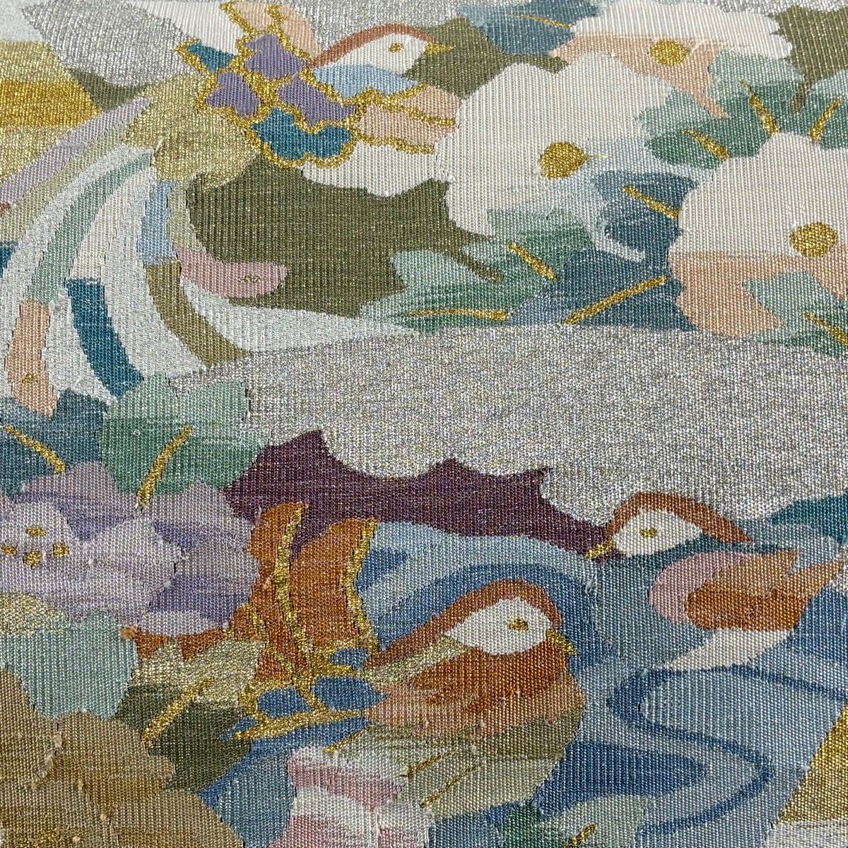 名古屋帯 秀品 扇面 花鳥 金糸 箔 銀色 正絹