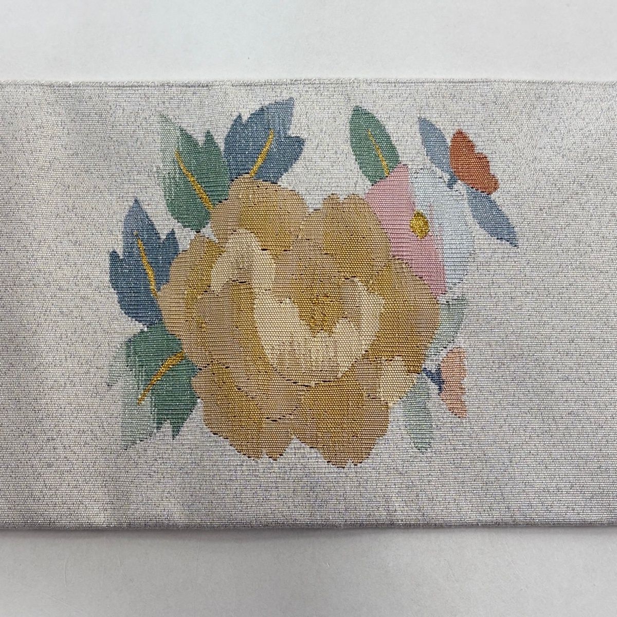  名古屋帯 秀品 扇面 花鳥 金糸 箔 銀色 正絹 名古屋帯 帯