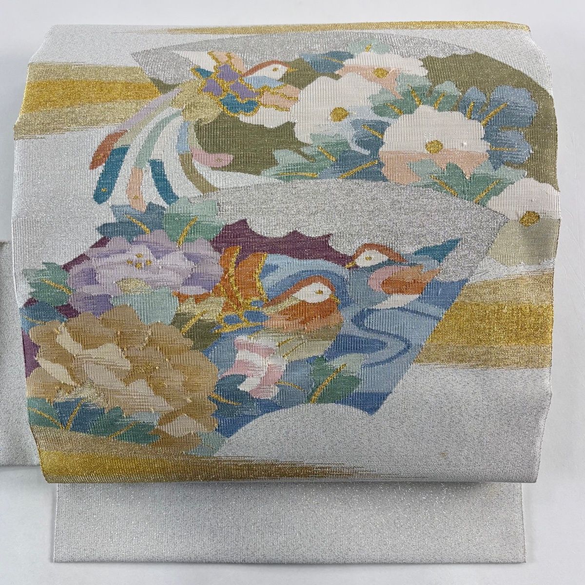 名古屋帯 秀品 扇面 花鳥 金糸 箔 銀色 正絹