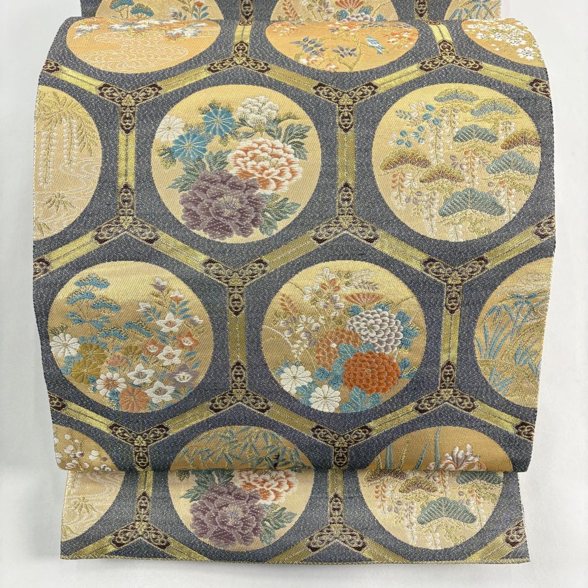 袋帯 秀品 丸文 草花 金銀糸 箔 灰色 六通 正絹 【中古】 - メルカリ