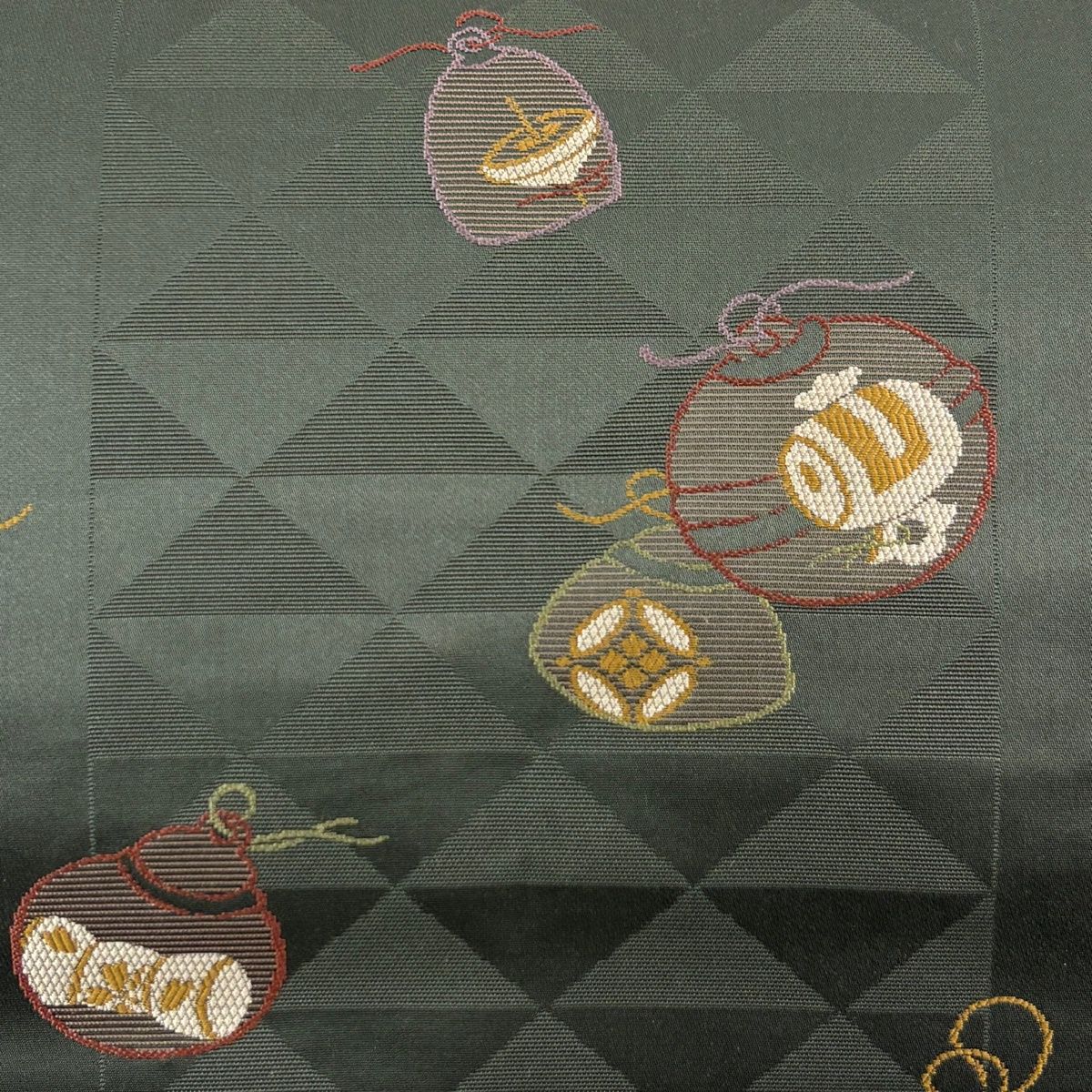 名古屋帯 秀品 お仕覆 宝尽くし 灰緑 正絹