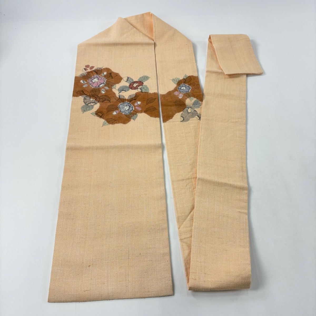  名古屋帯 秀品 紬地 辻が花柄 霞 薄オレンジ 正絹 名古屋帯 帯