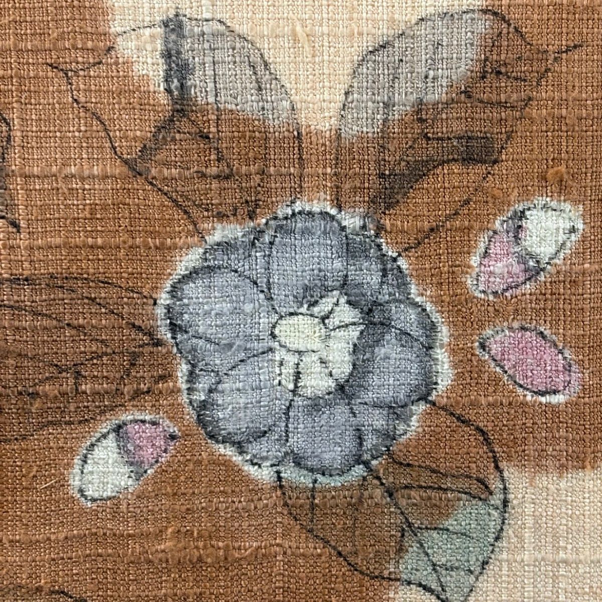 J*S様 1830 華 名古屋帯 辻ヶ花 薄小豆色 人気柄 美品】 名古屋帯 秀品 紬地 辻が花柄 霞 薄オレンジ 正絹 【中古