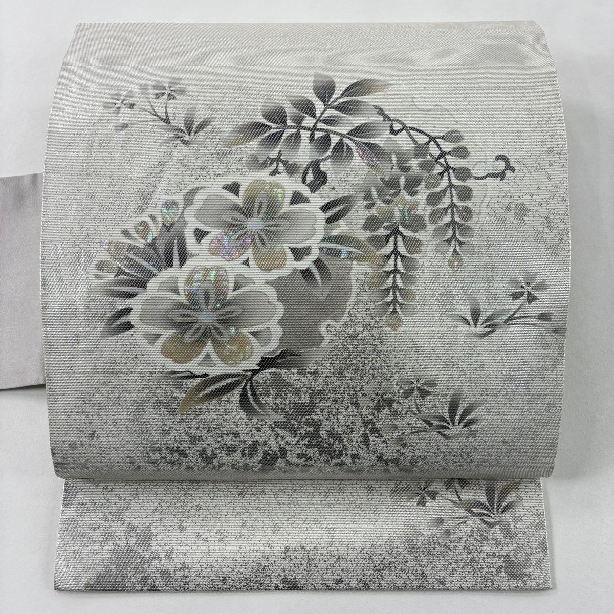 名古屋帯 秀品 桜 藤 箔 銀彩 銀色 正絹