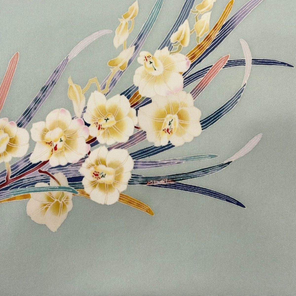 美品】 販売 名古屋帯 秀品 落款 水仙 灰緑 正絹 【】