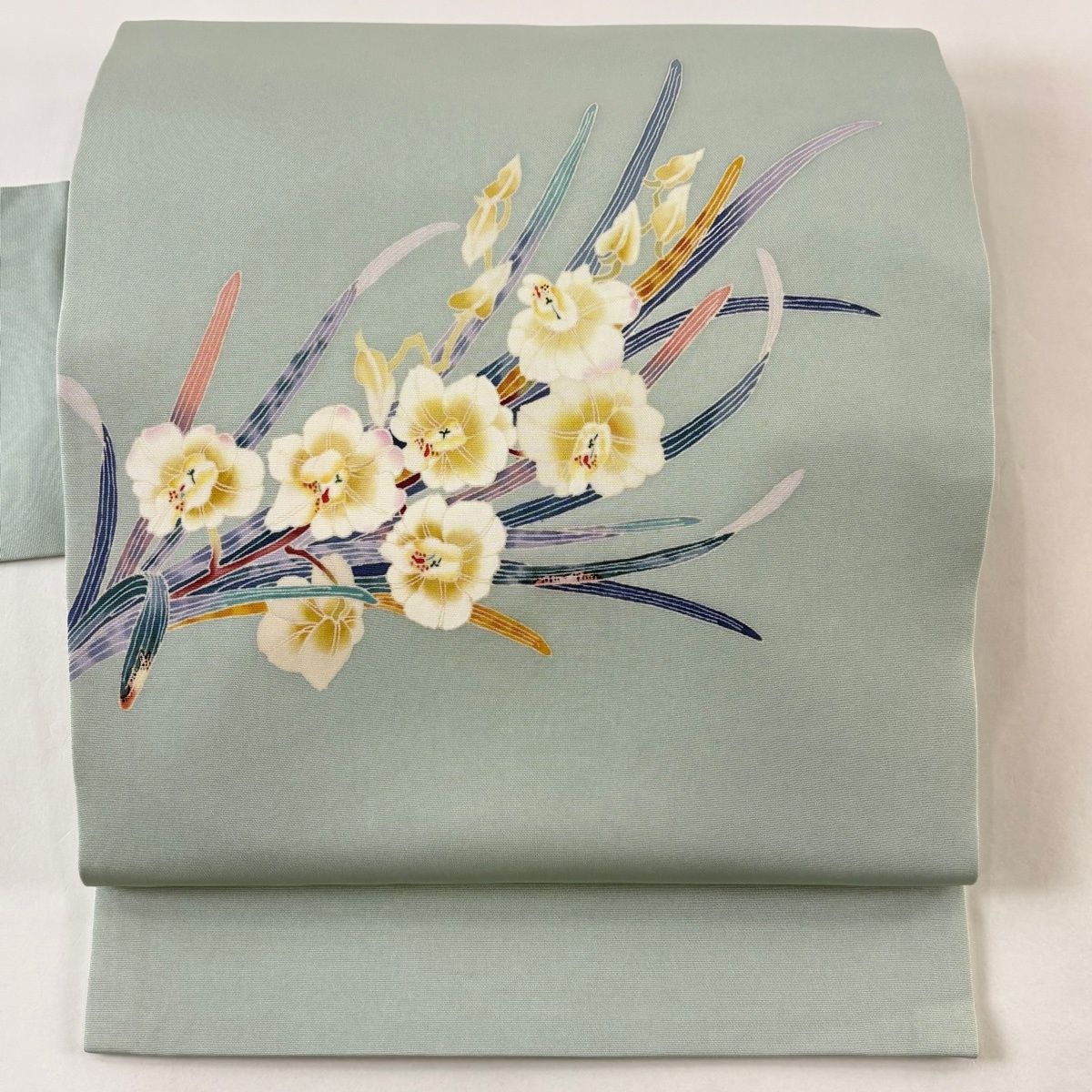 美品】 販売 名古屋帯 秀品 落款 水仙 灰緑 正絹 【】