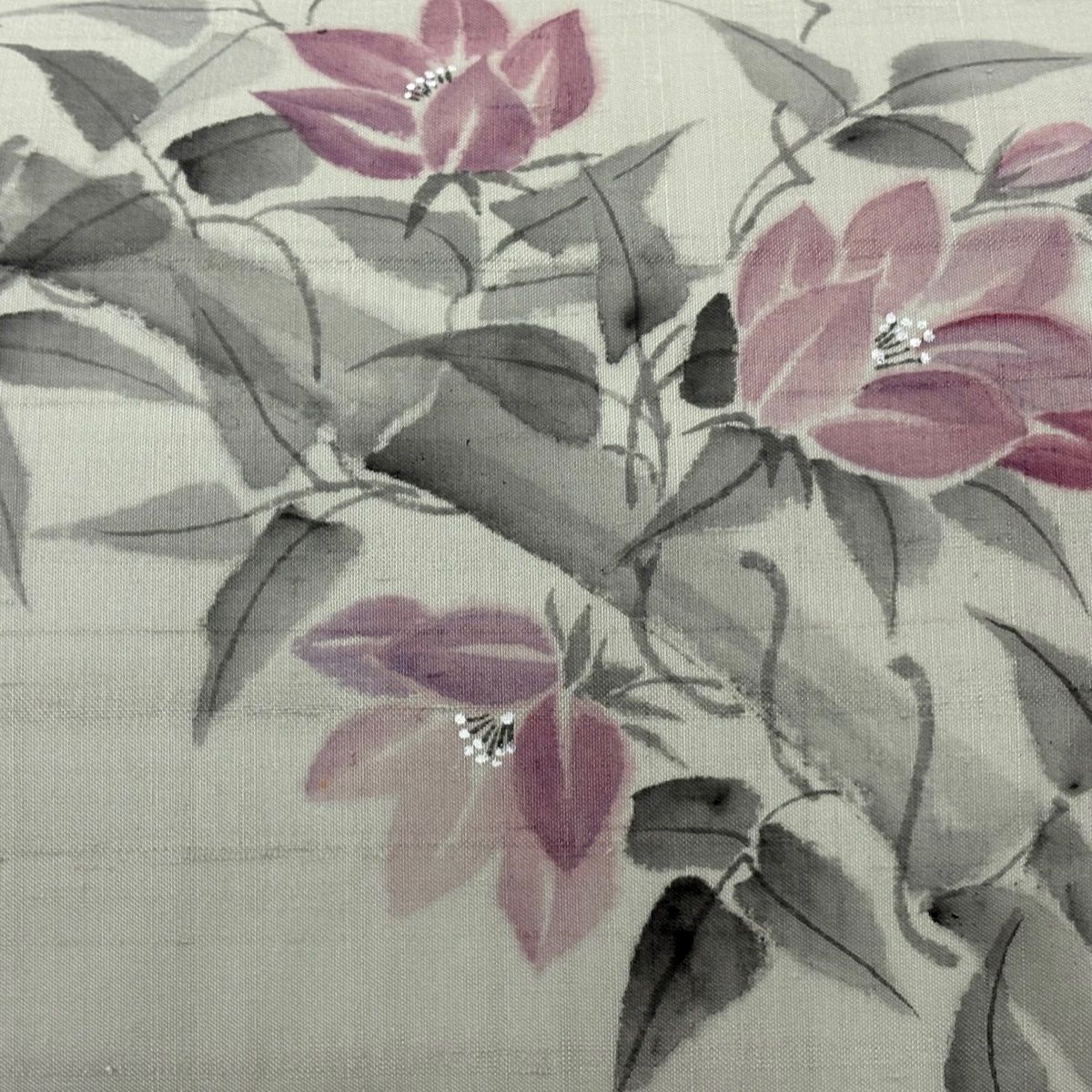 名古屋帯 秀品 落款 夏帯 夏紬地 草花 竹 ぼかし 灰緑 正絹