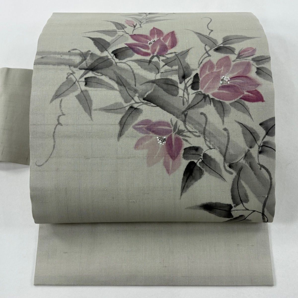 名古屋帯 秀品 落款 夏帯 夏紬地 草花 竹 ぼかし 灰緑 正絹