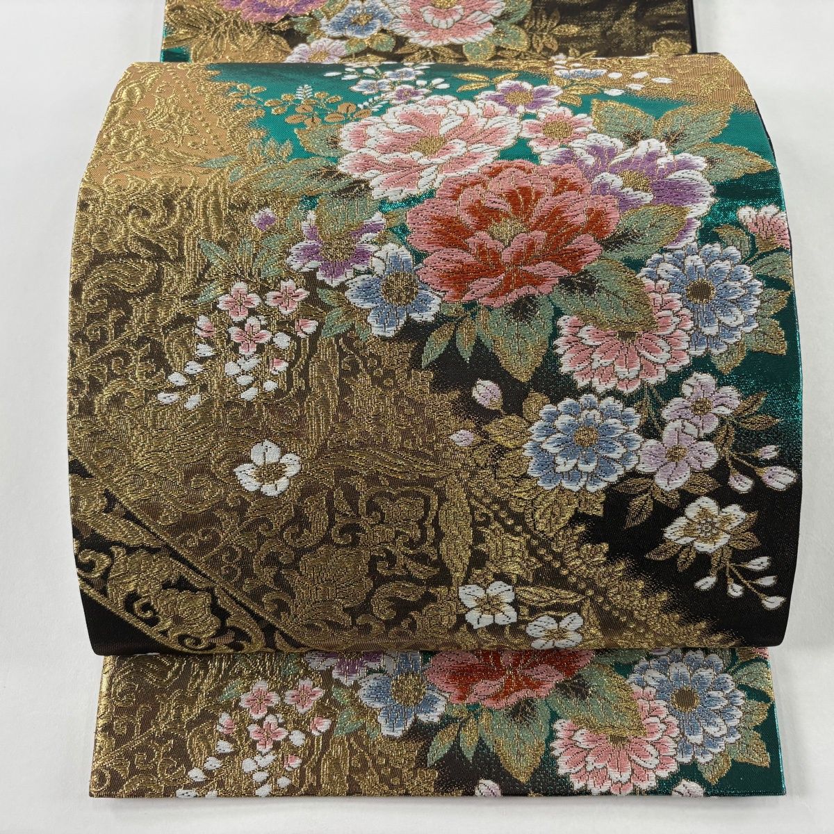 正絹 百金綴 六通袋帯【唐草牡丹 雪輪 黒】No2824 正絹 百金綴 六通