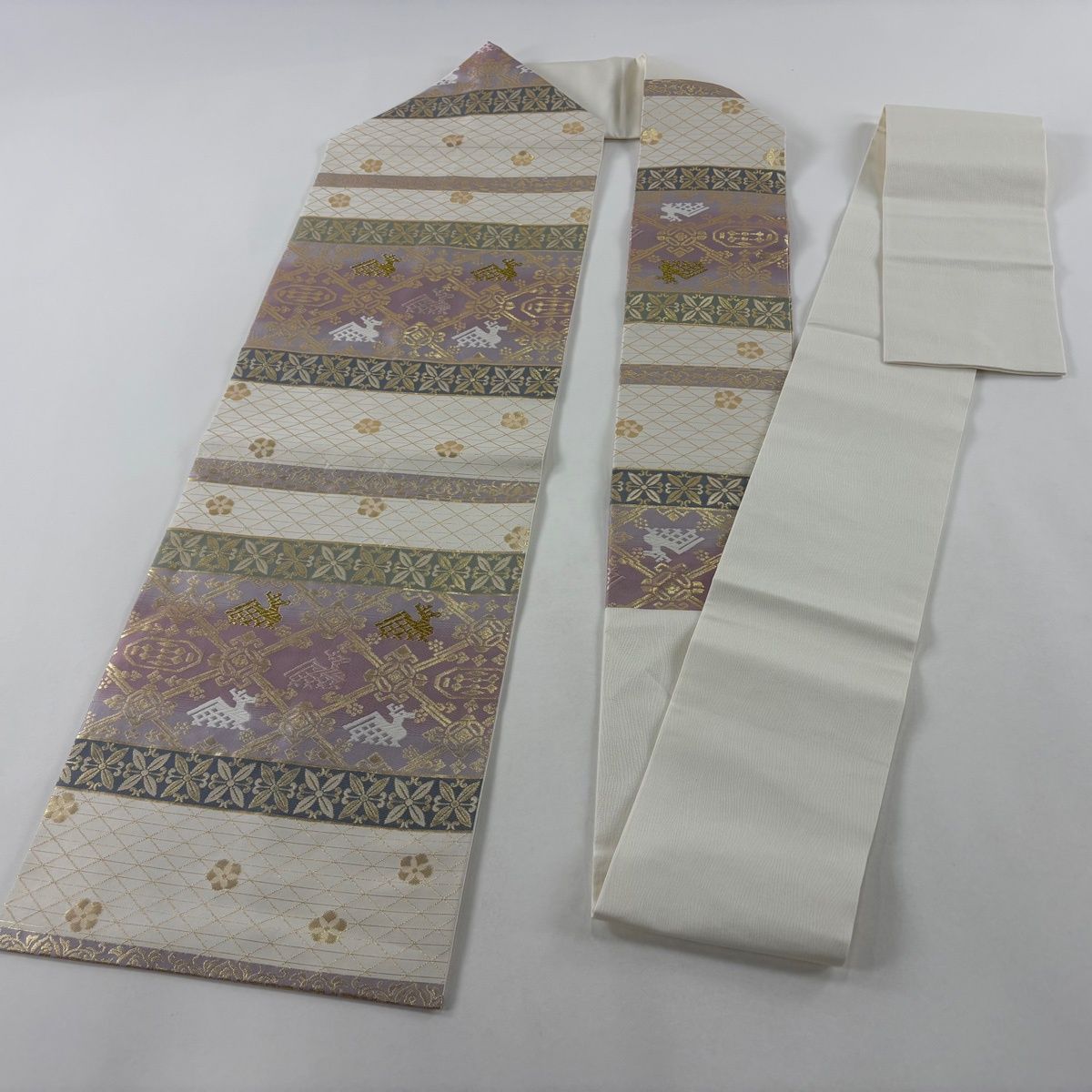  名古屋帯 秀品 有栖川 花 箔 クリーム 正絹 名古屋帯 帯