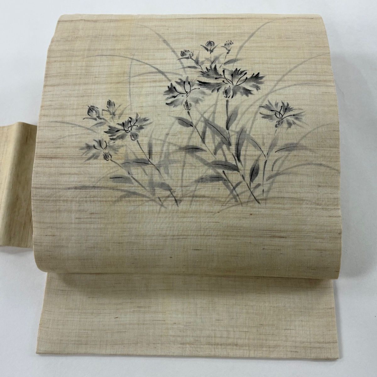 名古屋帯 秀品 夏帯 夏紬地 草花 ベージュ 正絹